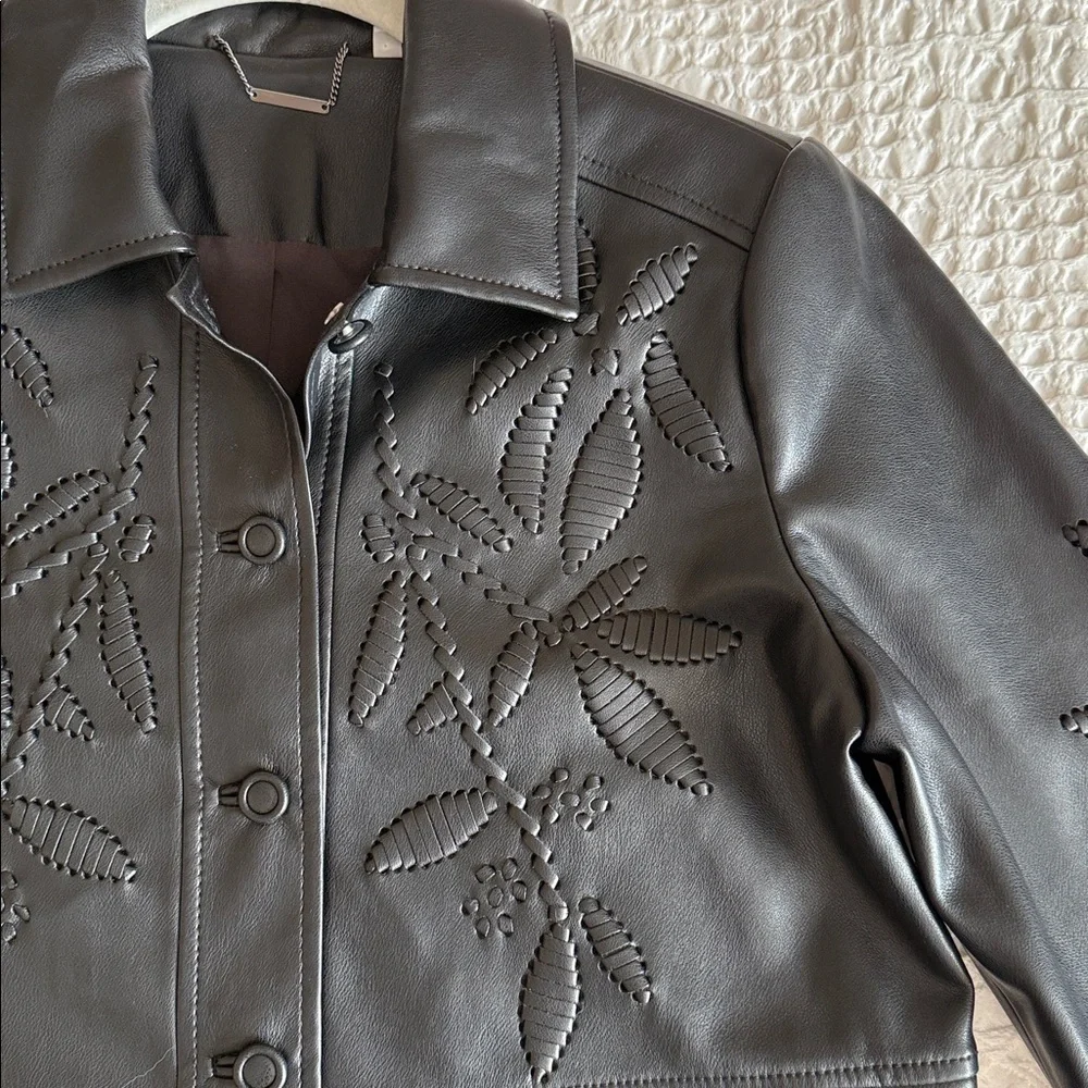 Chico’s Faux Leather Cropped Jacket Black Cutwork Detail Women’s S (US 6)